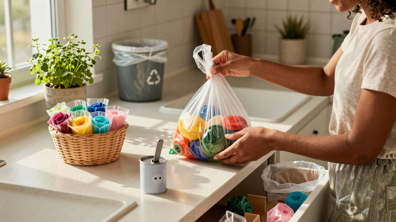 Person holding a plastic bag filled with colourful reusable bags in a kitchen near a recycling bin and plant.