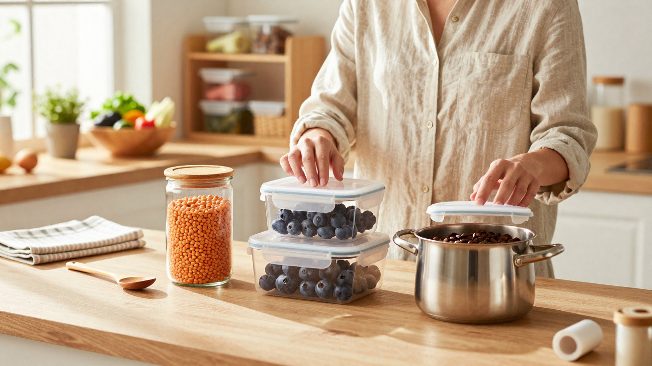 Person organising blueberries in plastic containers next to jar of lentils on wooden kitchen counter