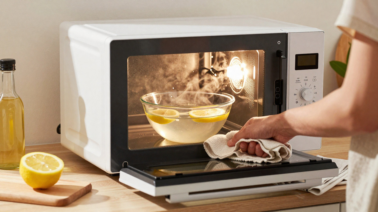 Person holding a cloth opening a microwave with a steaming bowl of water and lemon slices inside on a kitchen counter