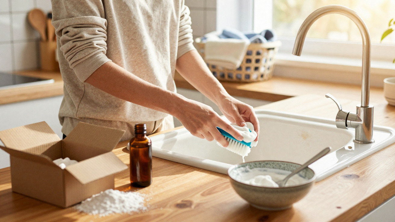 Person cleaning a brush with foamy soap at a kitchen sink on a wooden countertop in daylight.