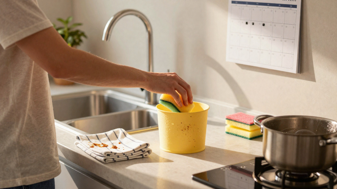 Person placing a yellow and green sponge into a yellow container on a kitchen counter beside a sink and stove.