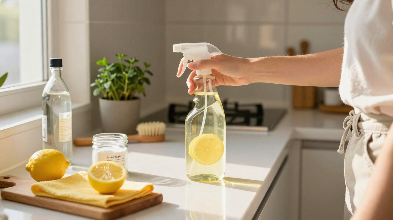 Person holding a spray bottle with lemon-infused cleaner on a kitchen counter with lemons and cleaning supplies.
