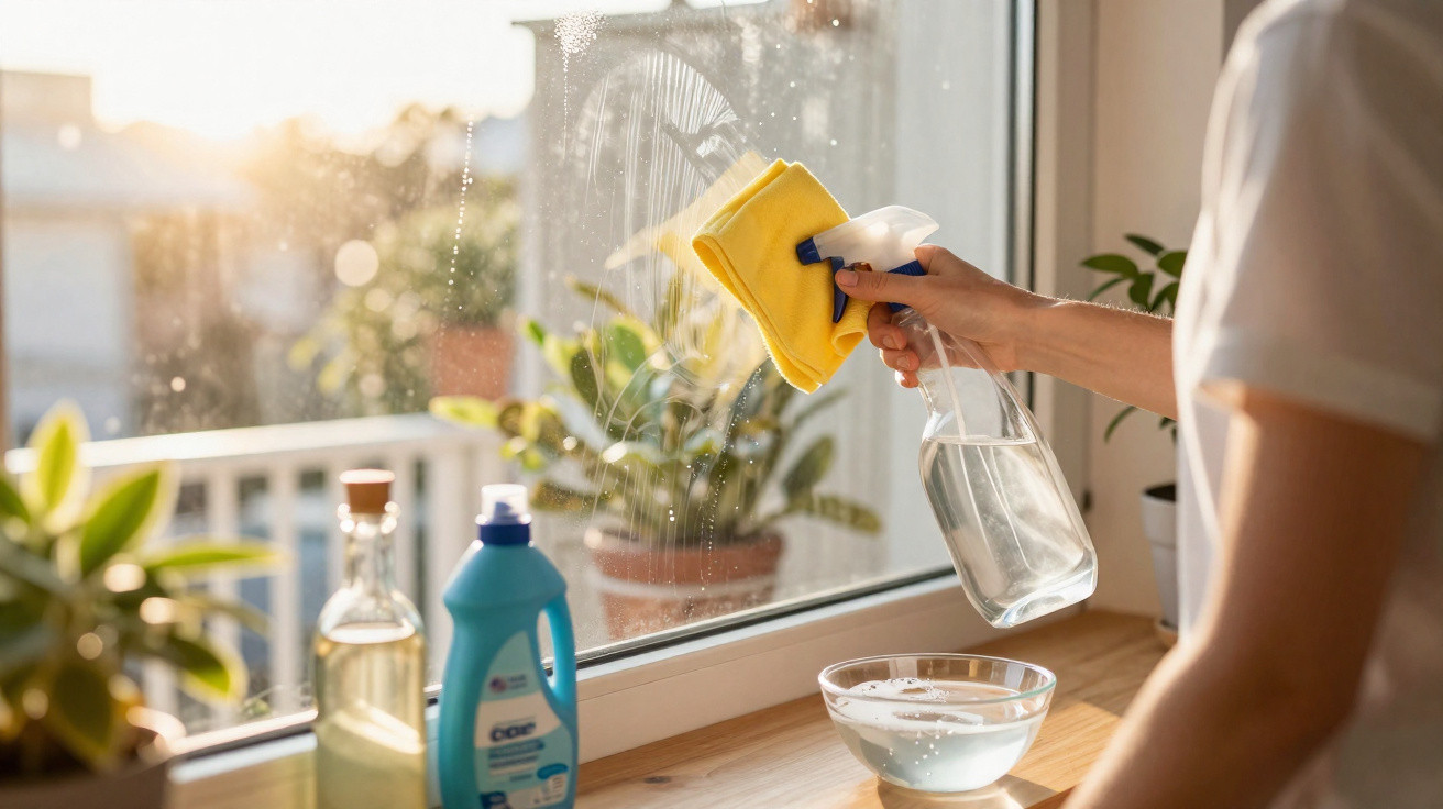 Person cleaning a window with a spray bottle and yellow cloth in sunlight, with plants and cleaning supplies nearby.