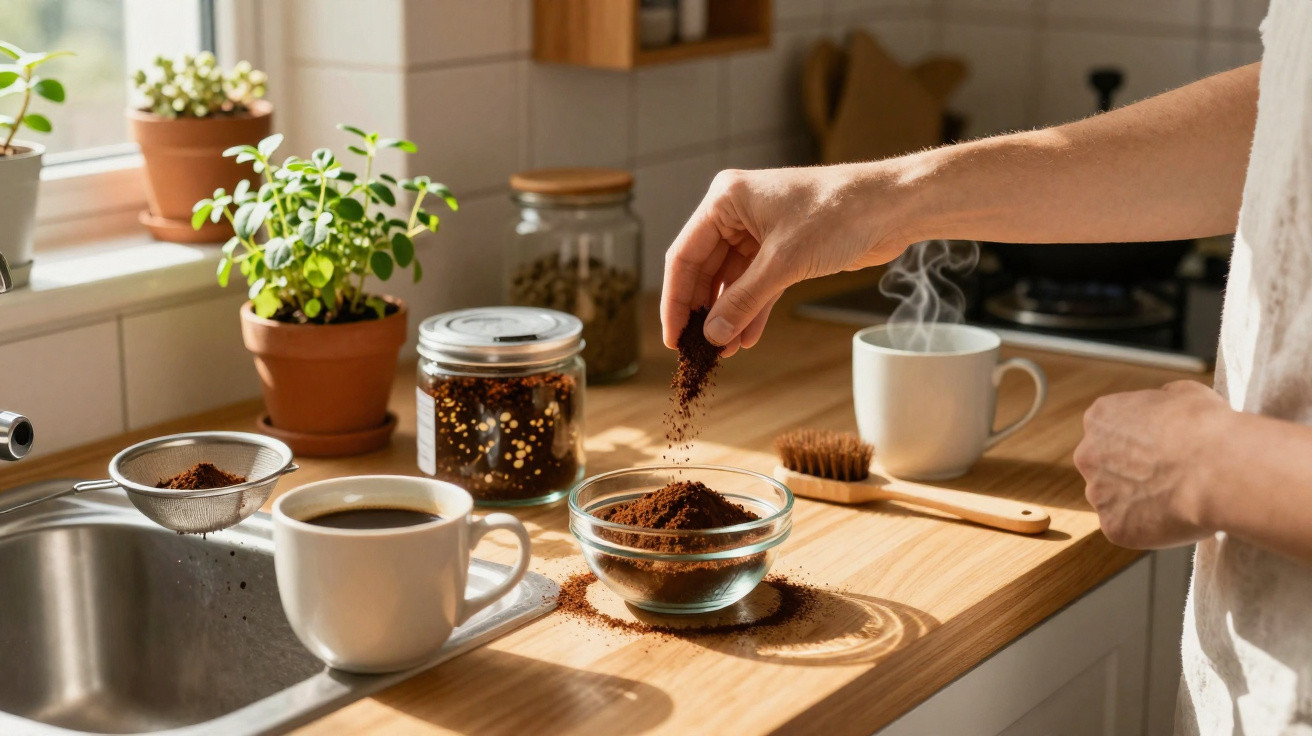 Hand sprinkling coffee grounds into a glass bowl in a sunlit kitchen with two steaming coffee mugs.