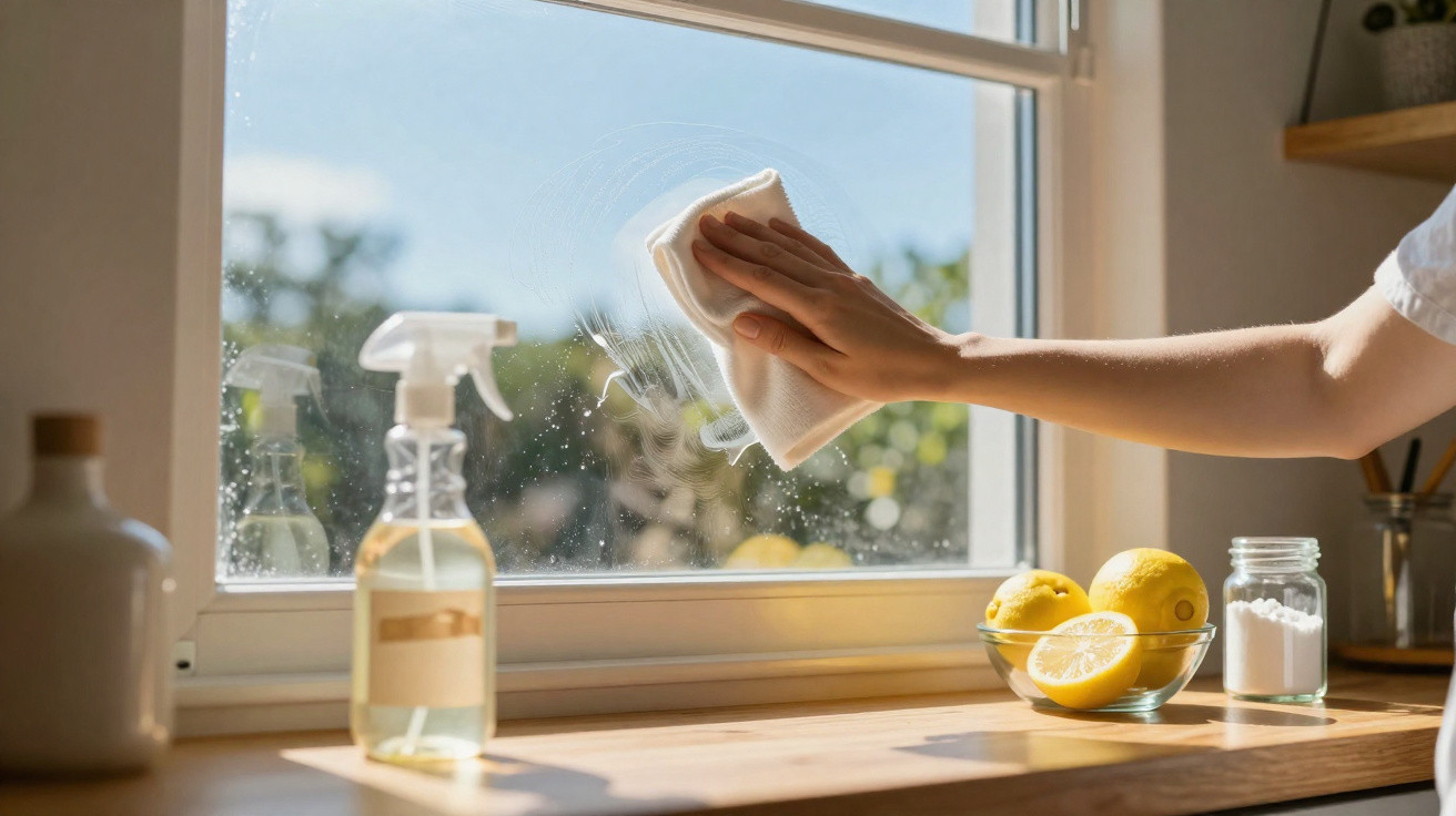 Person cleaning a sunny kitchen window with a cloth, spray bottle, and lemons on the wooden sill.