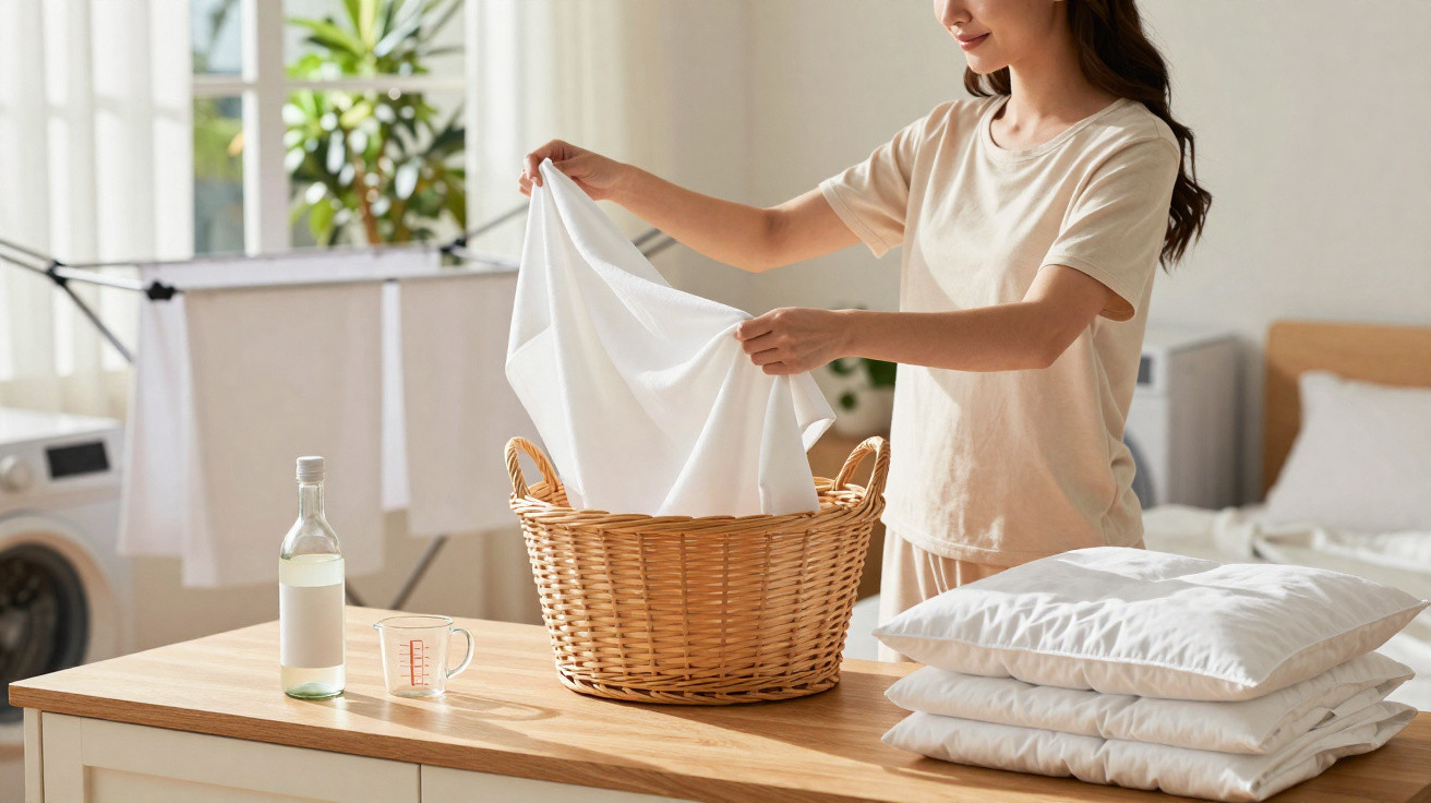 Woman folding white laundry into a wicker basket on a wooden table with pillows and detergent nearby.