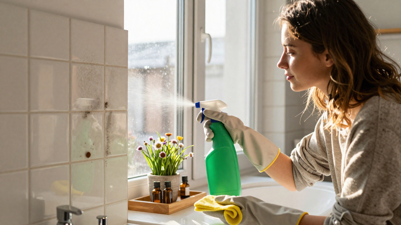 Woman wearing gloves spraying cleaning solution on a window in a bright bathroom with plants on the windowsill