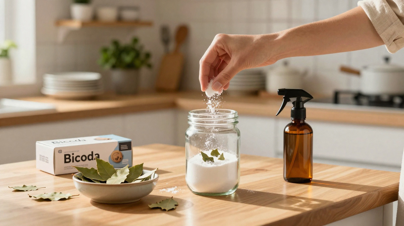 Hand sprinkling baking soda into a jar with bay leaves on a kitchen countertop near a spray bottle and box.
