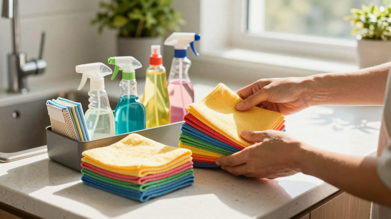 Person organising colorful cloths on kitchen counter next to spray bottles and sponges by sink.