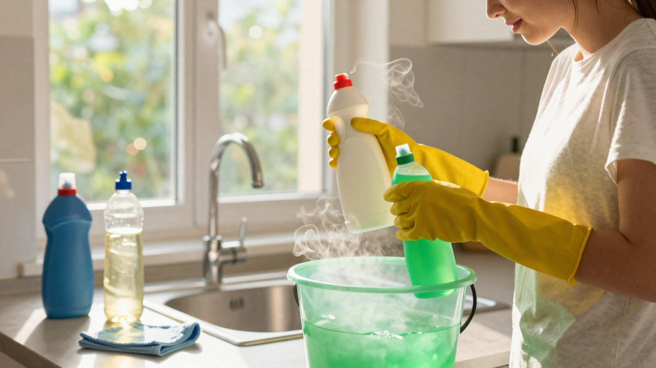Person wearing yellow gloves holding cleaning bottles over a steaming green bucket in a kitchen.