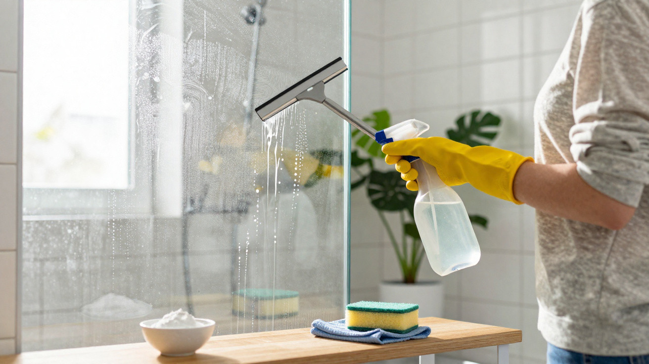 Person wearing yellow gloves cleaning a glass shower door with a spray bottle and squeegee in a bright bathroom.