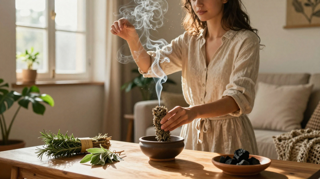 Woman smudging with burning sage over a bowl on a wooden table in a sunlit living room.
