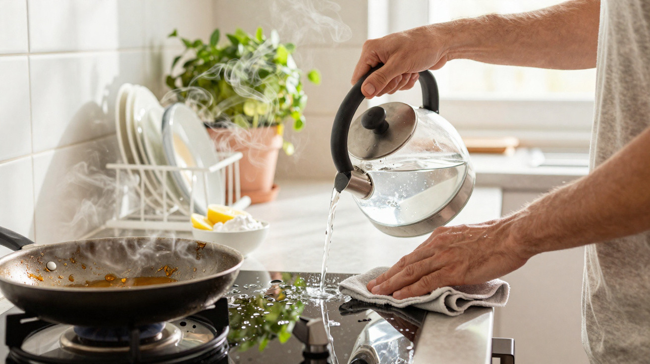 Person pouring water from kettle to clean a kitchen stove with a cloth beside a steaming frying pan