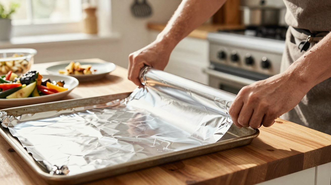 Person lining a baking tray with aluminium foil in a kitchen with fresh vegetables nearby.
