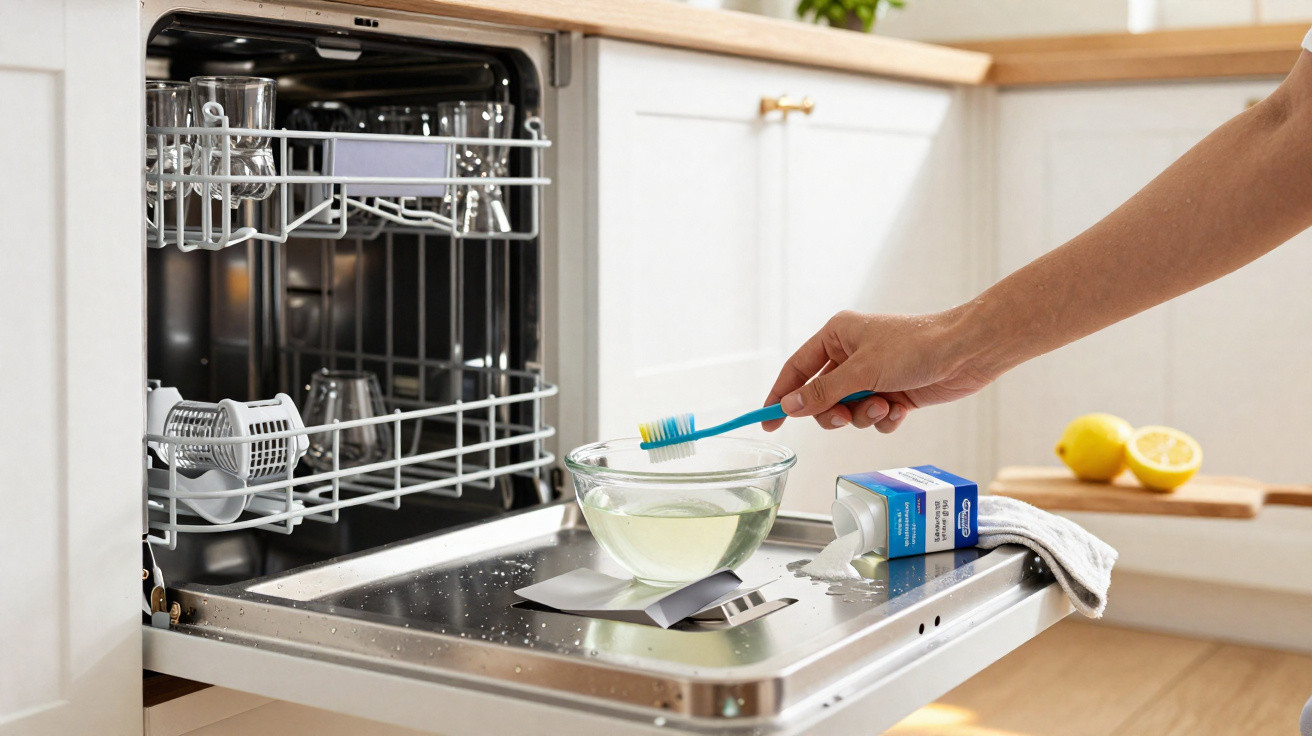 Open dishwasher door in kitchen with hand holding toothbrush over bowl of cleaning solution on door tray.
