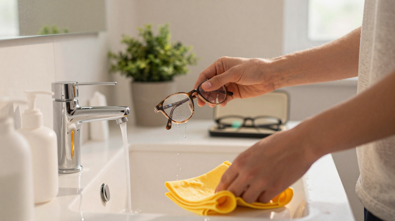 Person cleaning wet glasses with a yellow cloth over a bathroom sink with running water.