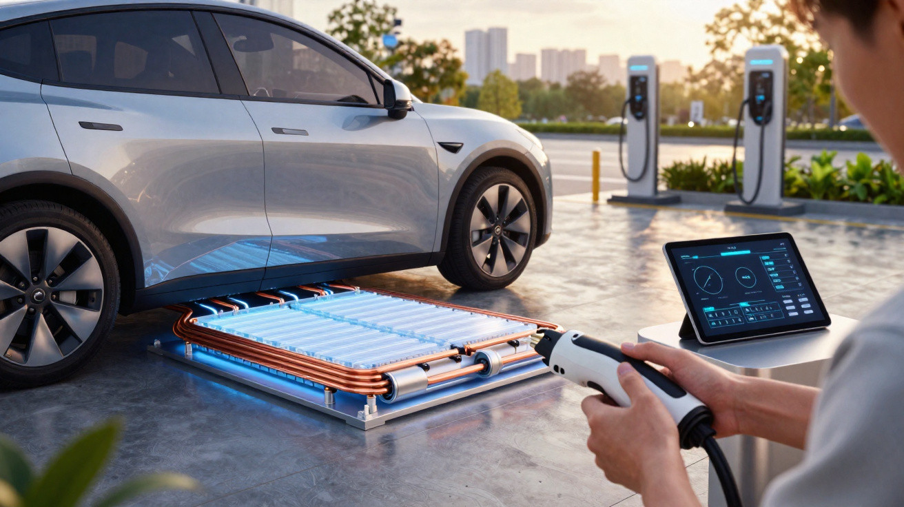 Person holding charging plug near electric car on wireless charging pad with monitoring screen at sunset.