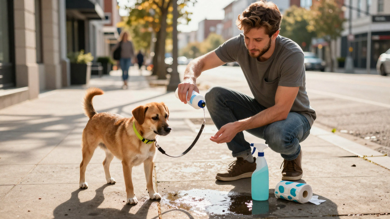 Man pouring water into his hand to give his thirsty dog a drink on a sunny city sidewalk.