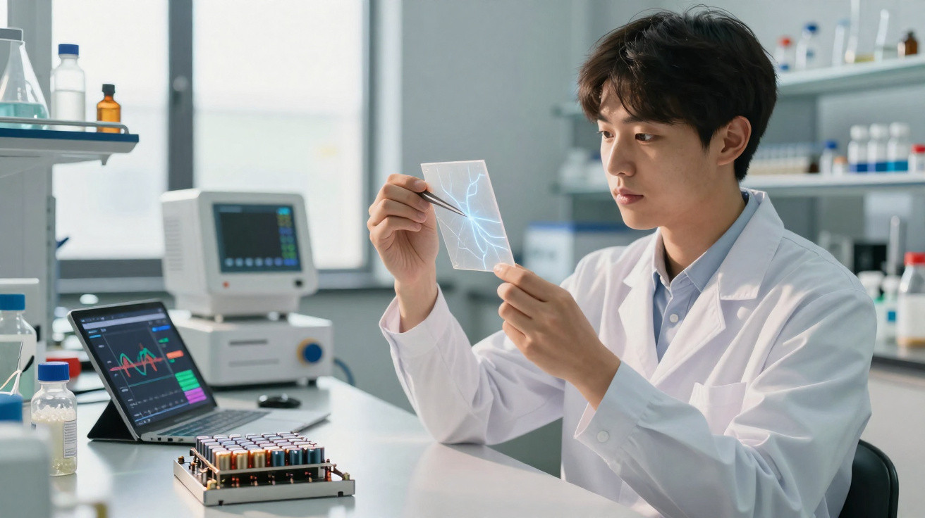 Scientist in lab coat examining a transparent sheet with electric circuit patterns in a laboratory.
