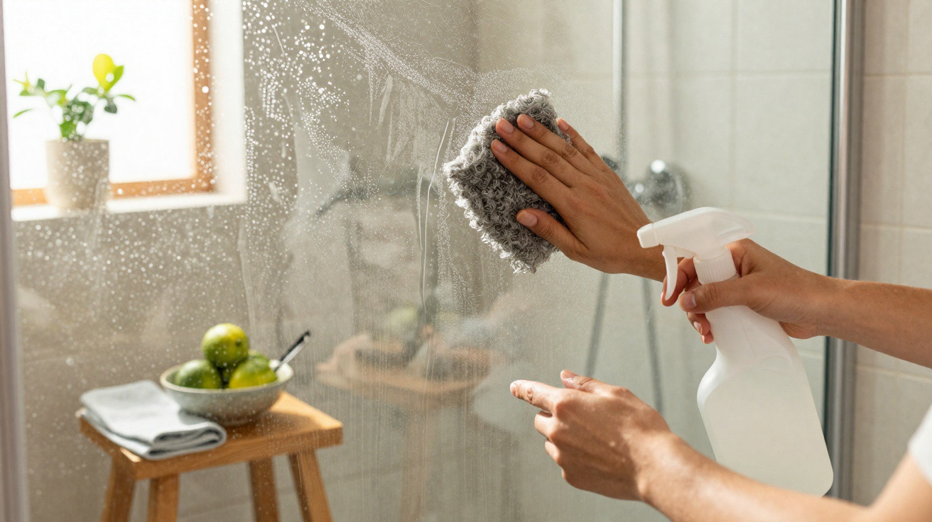 Hands cleaning a glass shower door with a spray bottle and cloth in a sunlit bathroom.