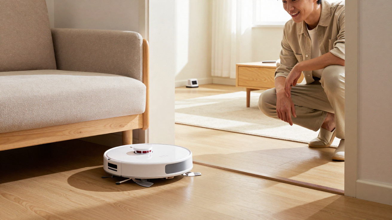 Person watching a white robot vacuum cleaner clean a wooden floor in a sunlit living room.