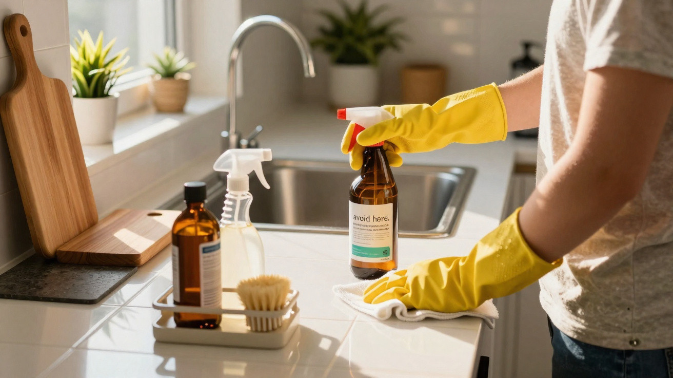 Person wearing yellow gloves cleaning a kitchen countertop with spray bottles and a cloth near a sink.