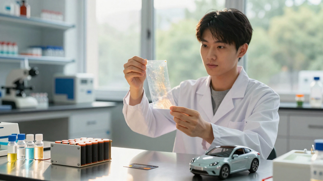 Scientist in a lab coat examining a translucent flexible solar panel in a bright laboratory.