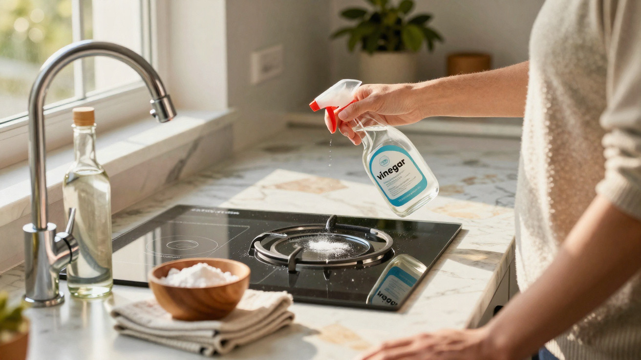 Person spraying vinegar on a stove burner in a bright kitchen with natural light.