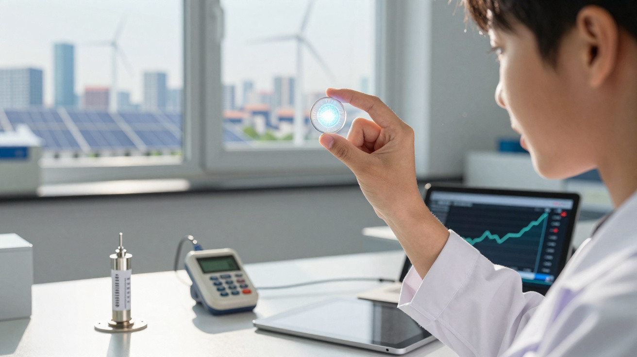 Scientist in lab coat holding a glowing circular device with wind turbines and solar panels outside the window.