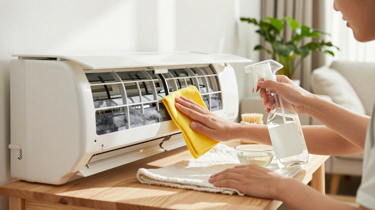 Person cleaning the inside of a white air conditioner unit with a yellow cloth and spray bottle on a wooden table.