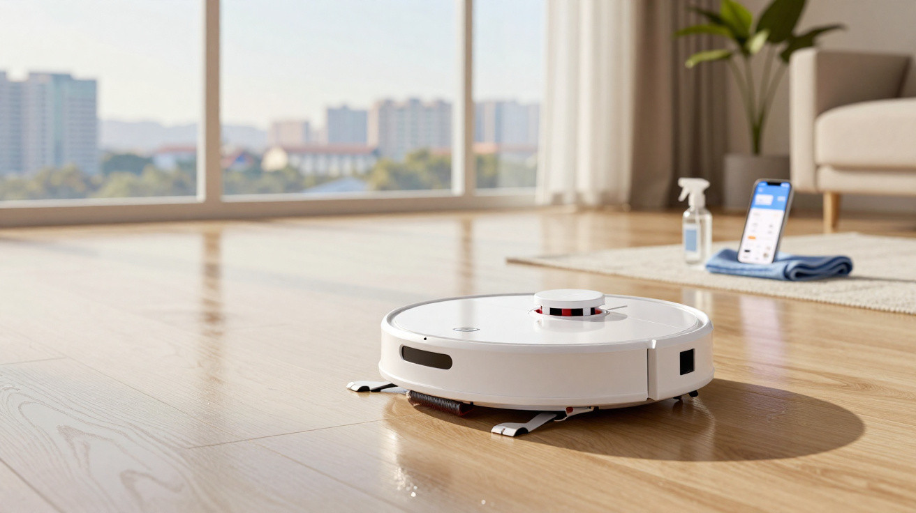 White robotic vacuum cleaner on wooden floor in bright living room with smartphone and cleaning spray in background