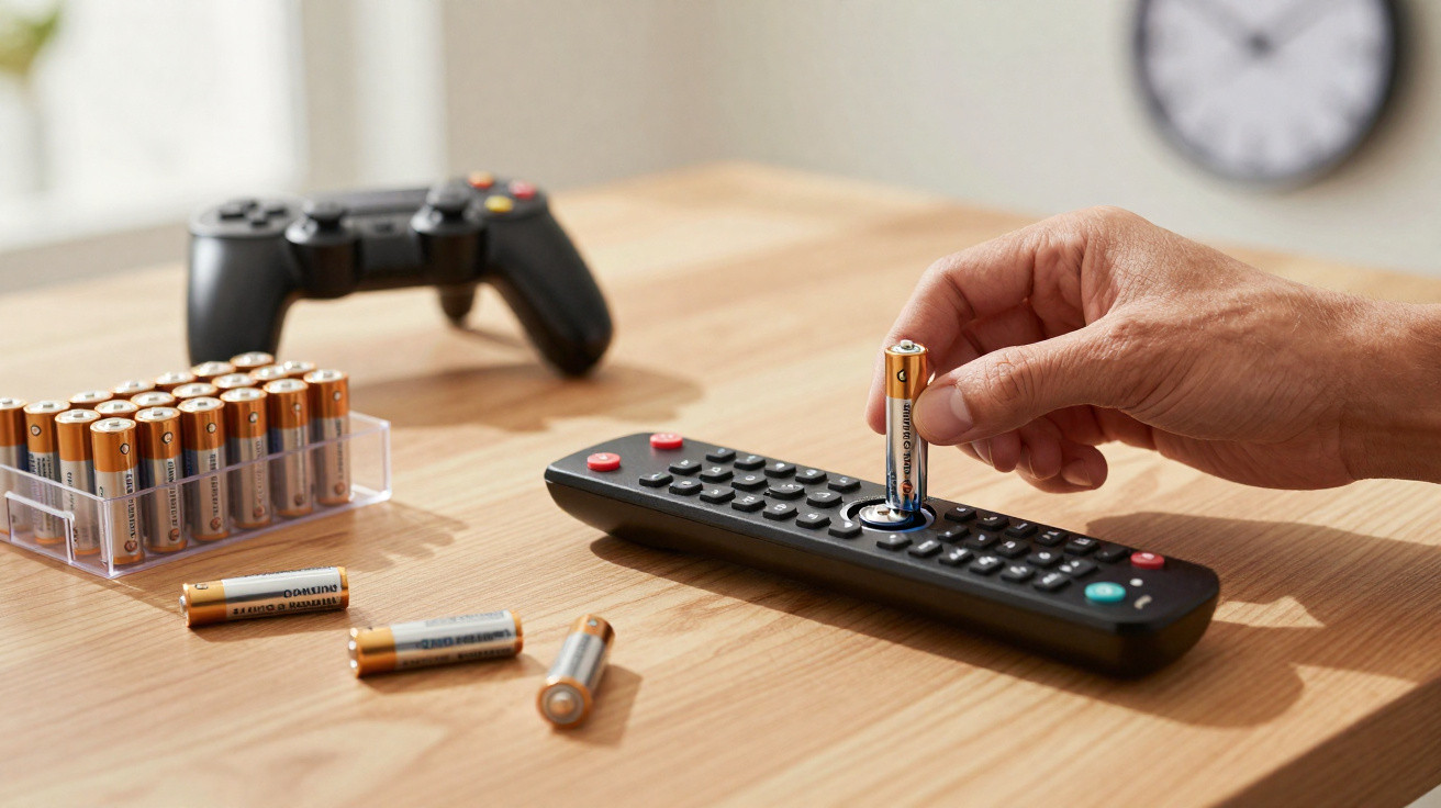 Hand replacing AA battery in a black TV remote on a wooden table with a game controller nearby.