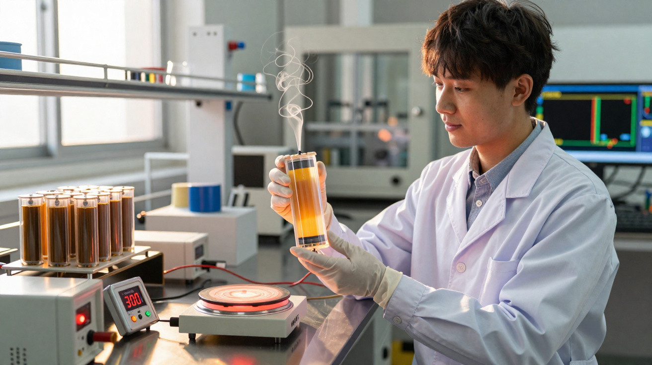 Scientist in a lab coat examining a steaming liquid sample heated on a hot plate in a laboratory.