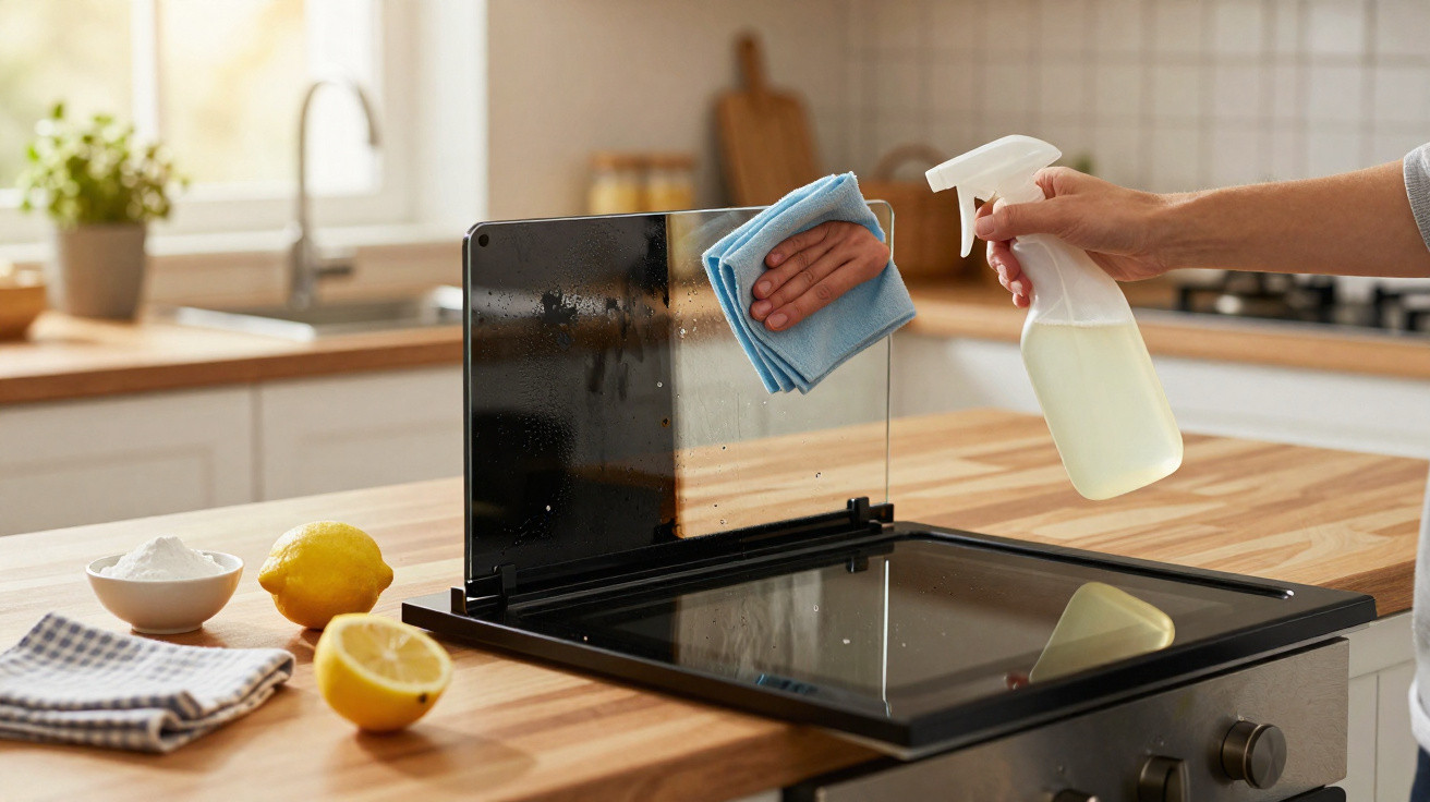 Person cleaning oven door glass with spray bottle and cloth in a bright kitchen with lemons nearby.
