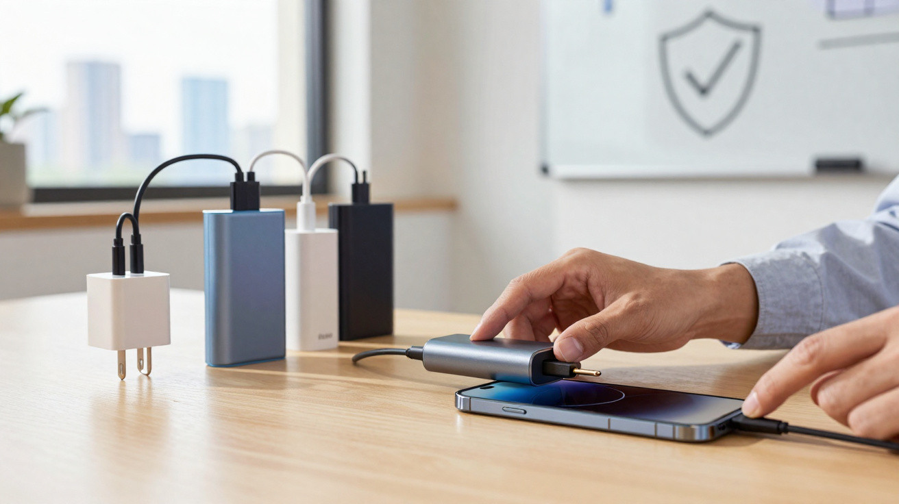Person holding a power bank charging a smartphone on a wooden table with multiple chargers in the background.