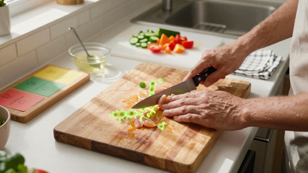Person chopping garlic on a wooden board with highlighted green germs on the knife and hands.