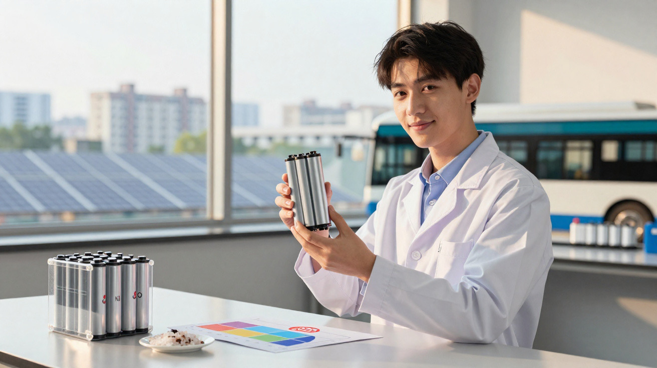 Scientist in a lab coat holding a battery cell pack with solar panels and a bus in the background.