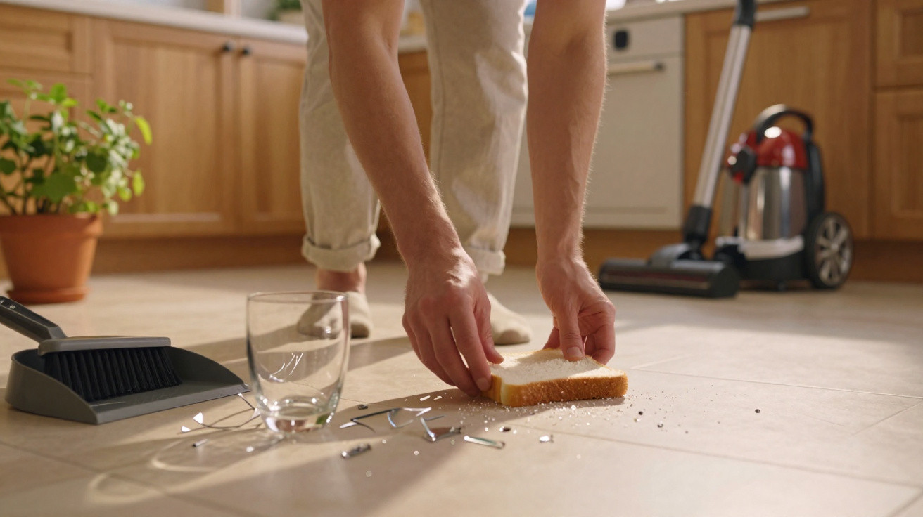Person cleaning up broken glass and spilled crumbs from floor using a slice of bread in a kitchen.