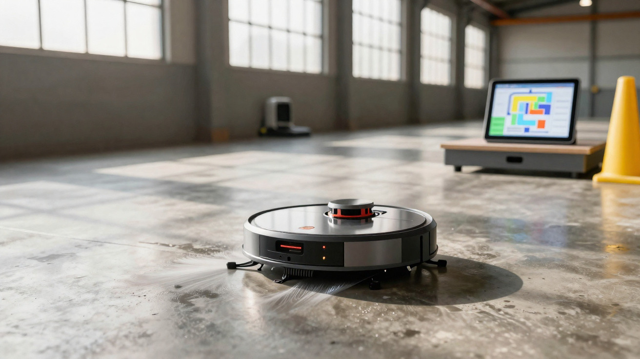 Robot vacuum cleaning a polished concrete floor in a large industrial space with a laptop in the background.