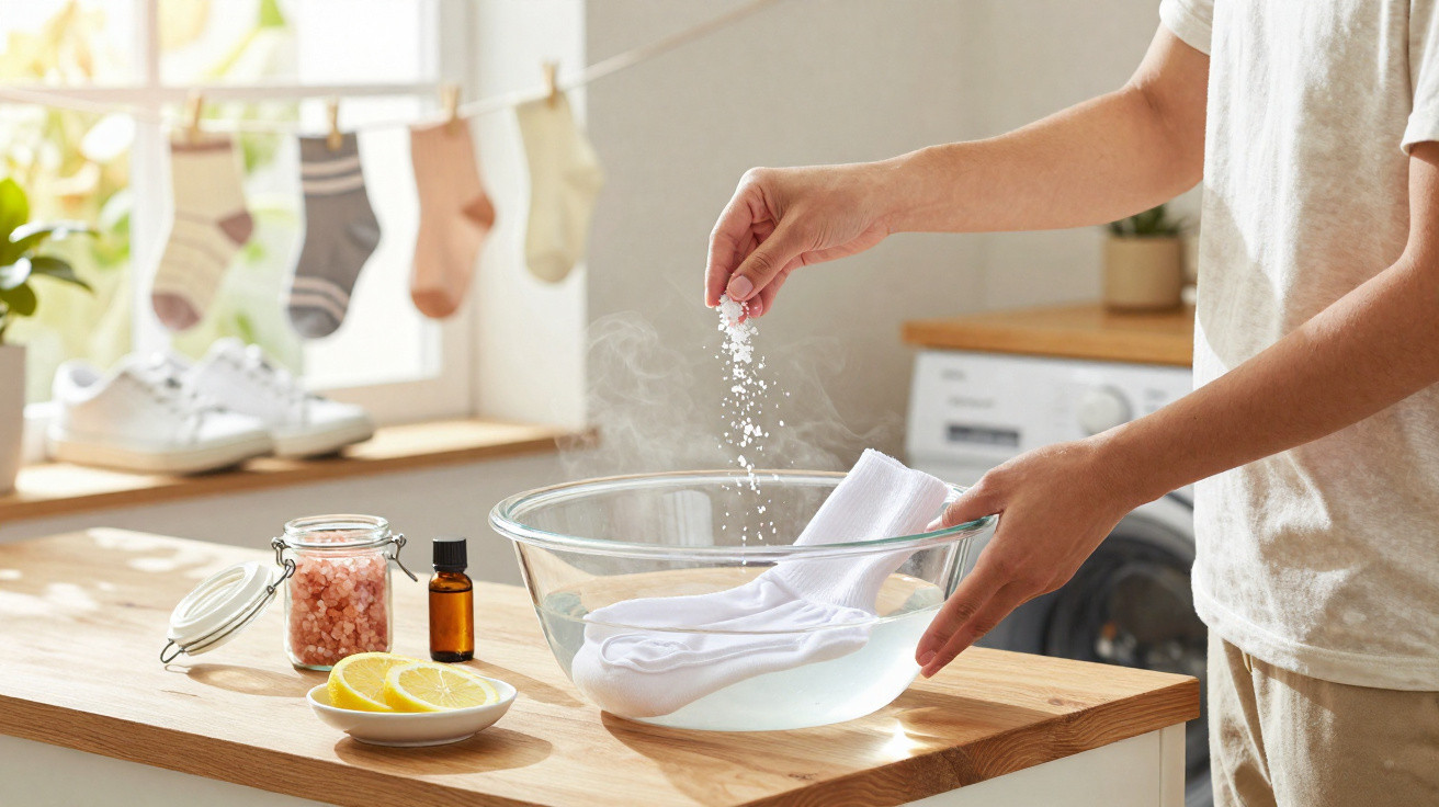 Person sprinkling detergent into steaming water in a glass bowl with socks, lemon slices, and laundry items nearby.