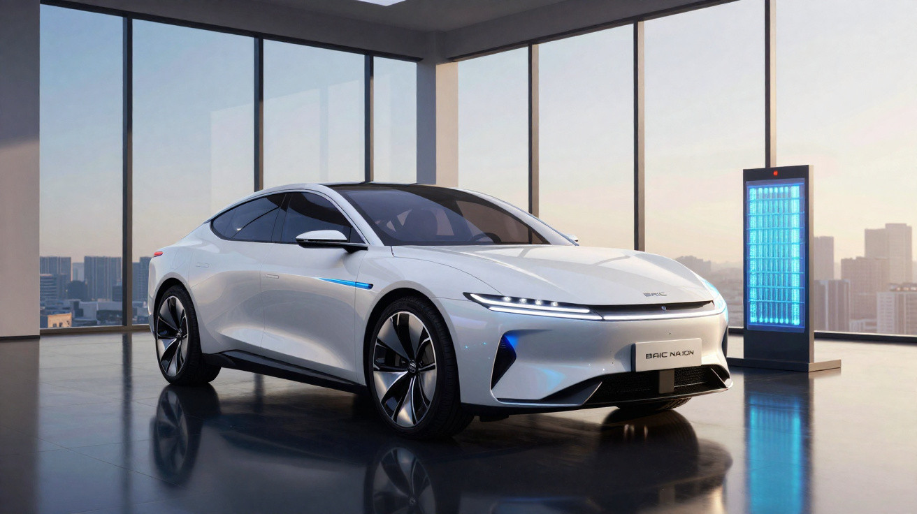 White sleek electric car parked indoors near large windows overlooking a city skyline at dusk.