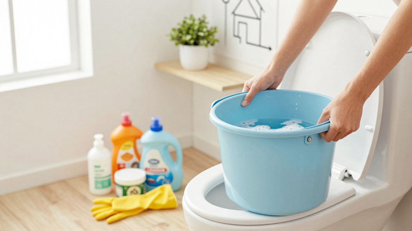 Hands holding a blue bucket filled with soapy water over an open toilet bowl with cleaning supplies nearby.