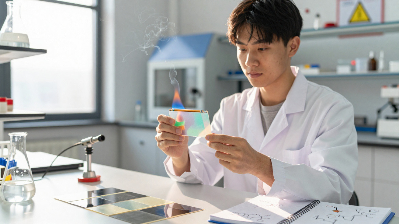 Scientist in white lab coat holding a prism with a small flame and smoke in a bright laboratory.