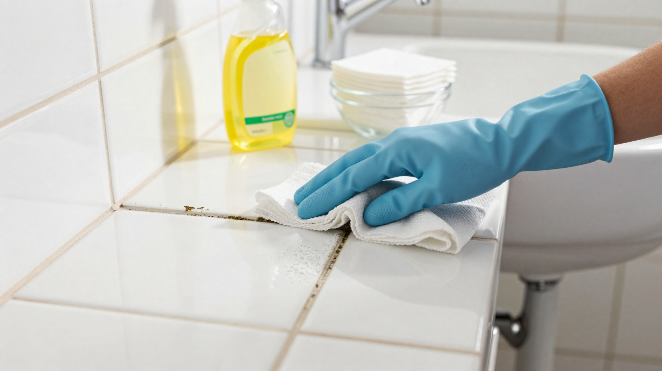 Hand in blue glove cleaning dirty white tiled surface with cloth and yellow cleaning liquid bottle nearby
