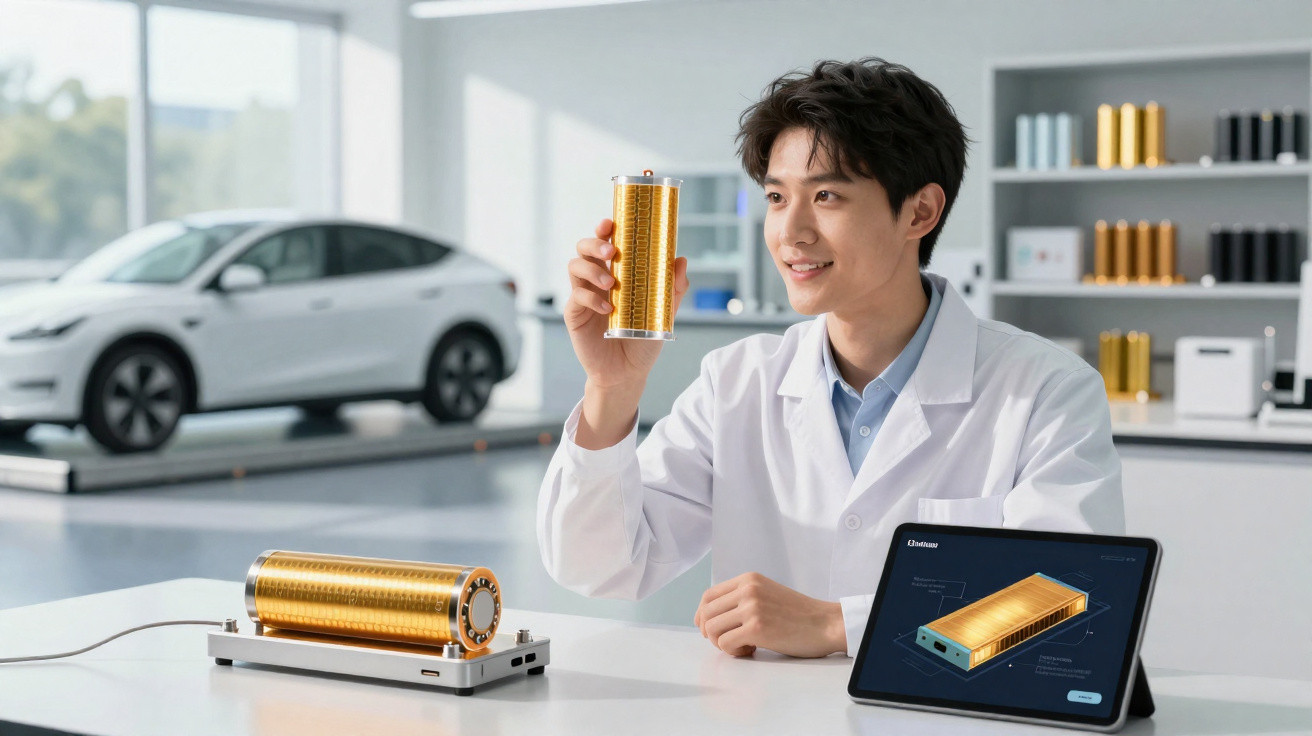 Scientist in a lab coat examining a cylindrical lithium battery with electric car in the background.