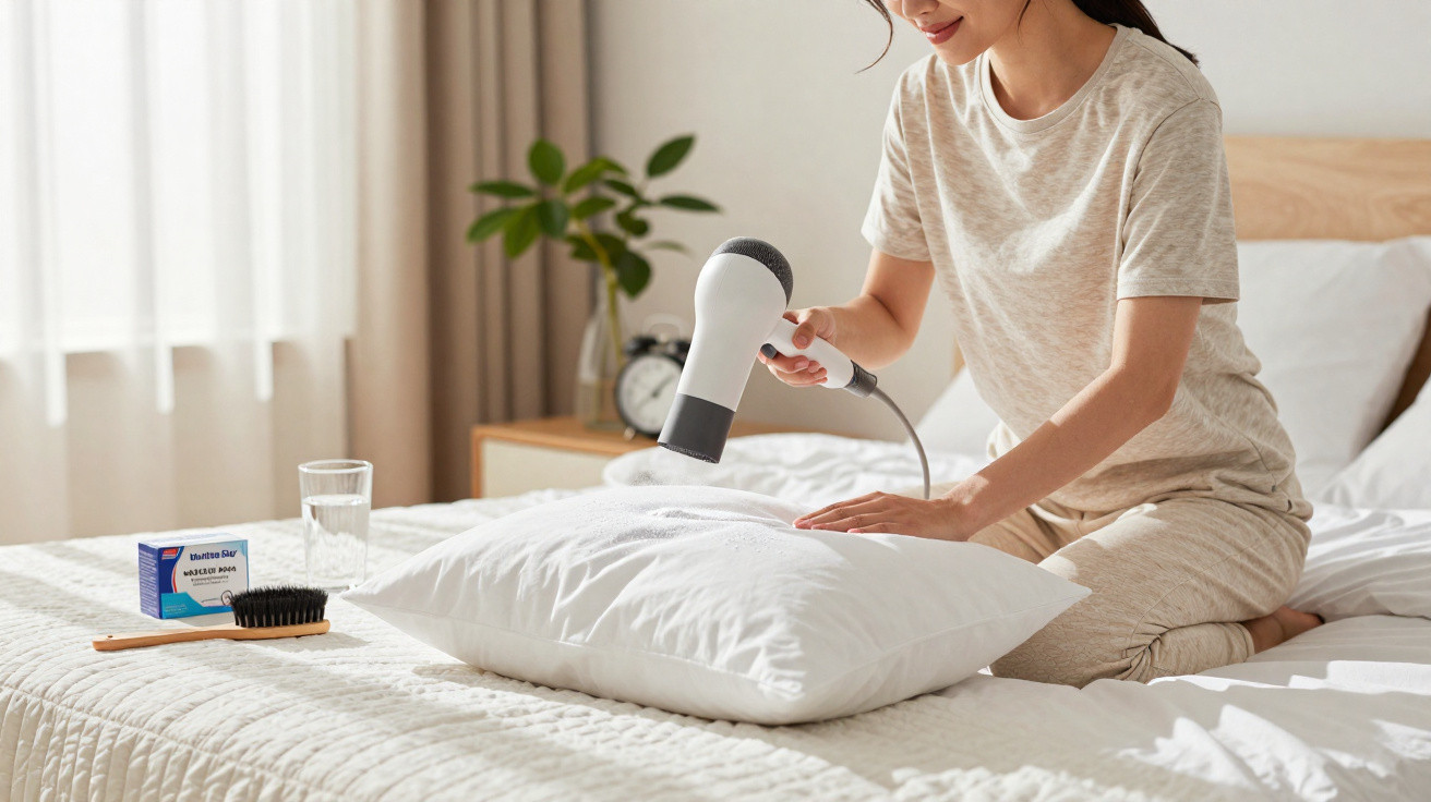 Person using a hairdryer to dry a white pillow on a bed in a bright, tidy bedroom.