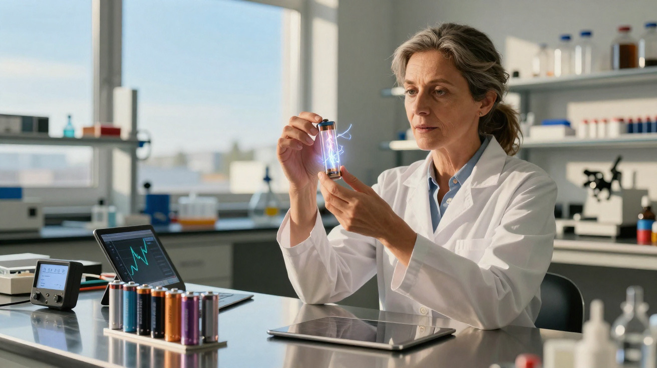 Female scientist in lab coat examining glowing battery cell in modern laboratory with equipment and laptop.
