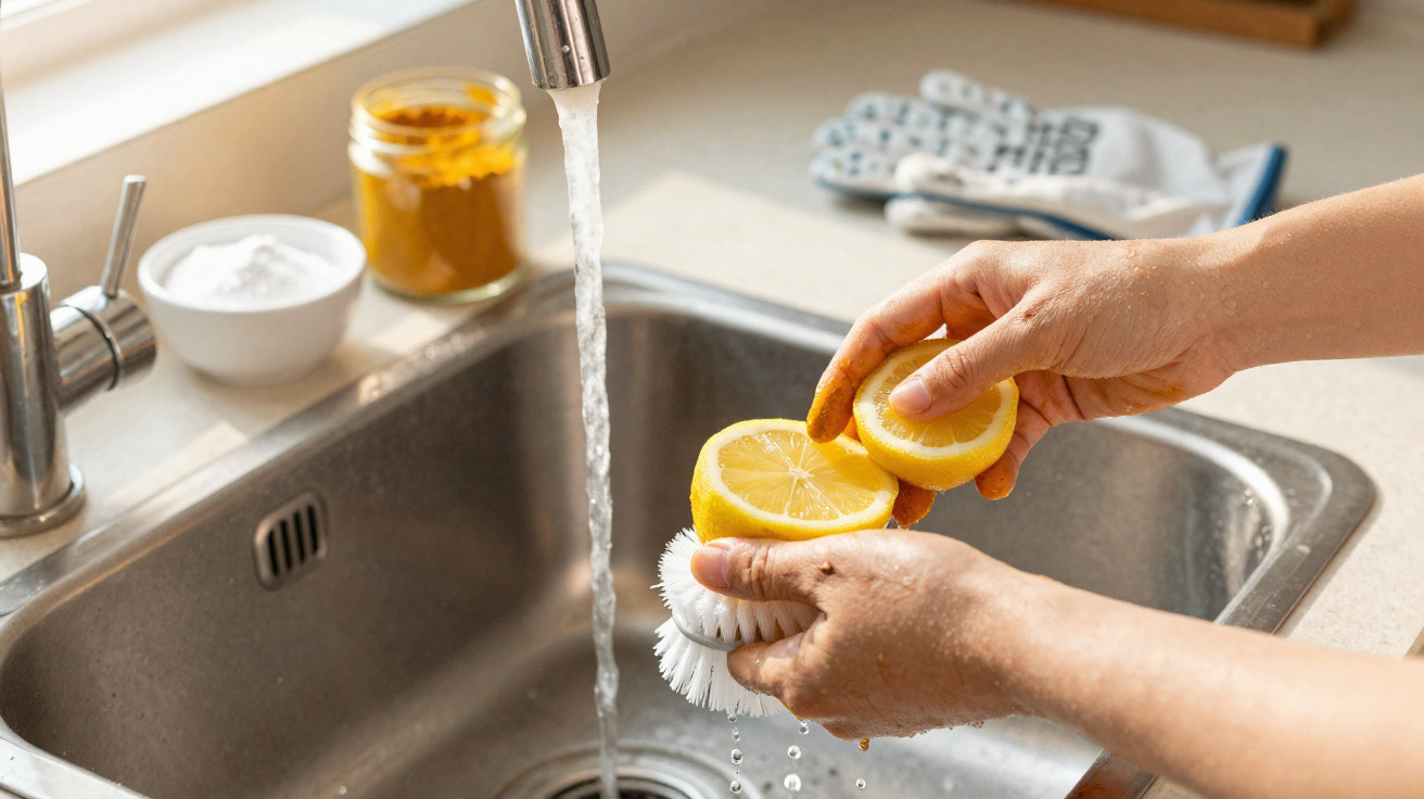 Hands using lemon halves and a brush to clean a kitchen sink with running water from the tap.