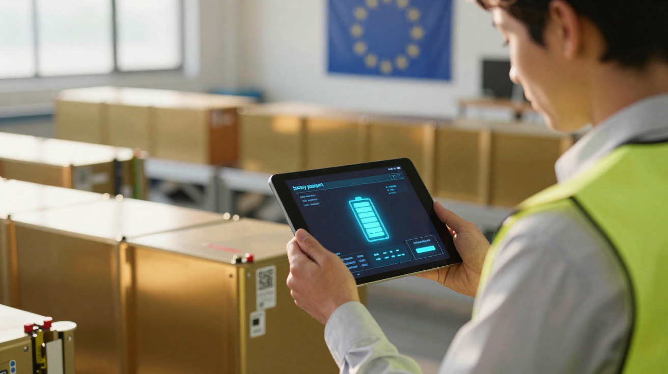 Person in high-visibility vest holding a tablet displaying battery report in a warehouse with stacked boxes and EU flag.