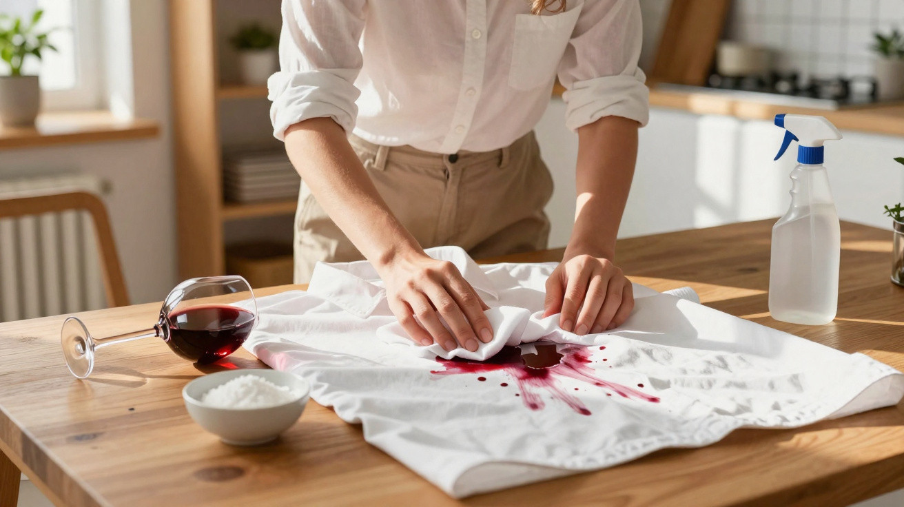 Person blotting red wine stain on white shirt on wooden table with salt bowl and spray bottle nearby.